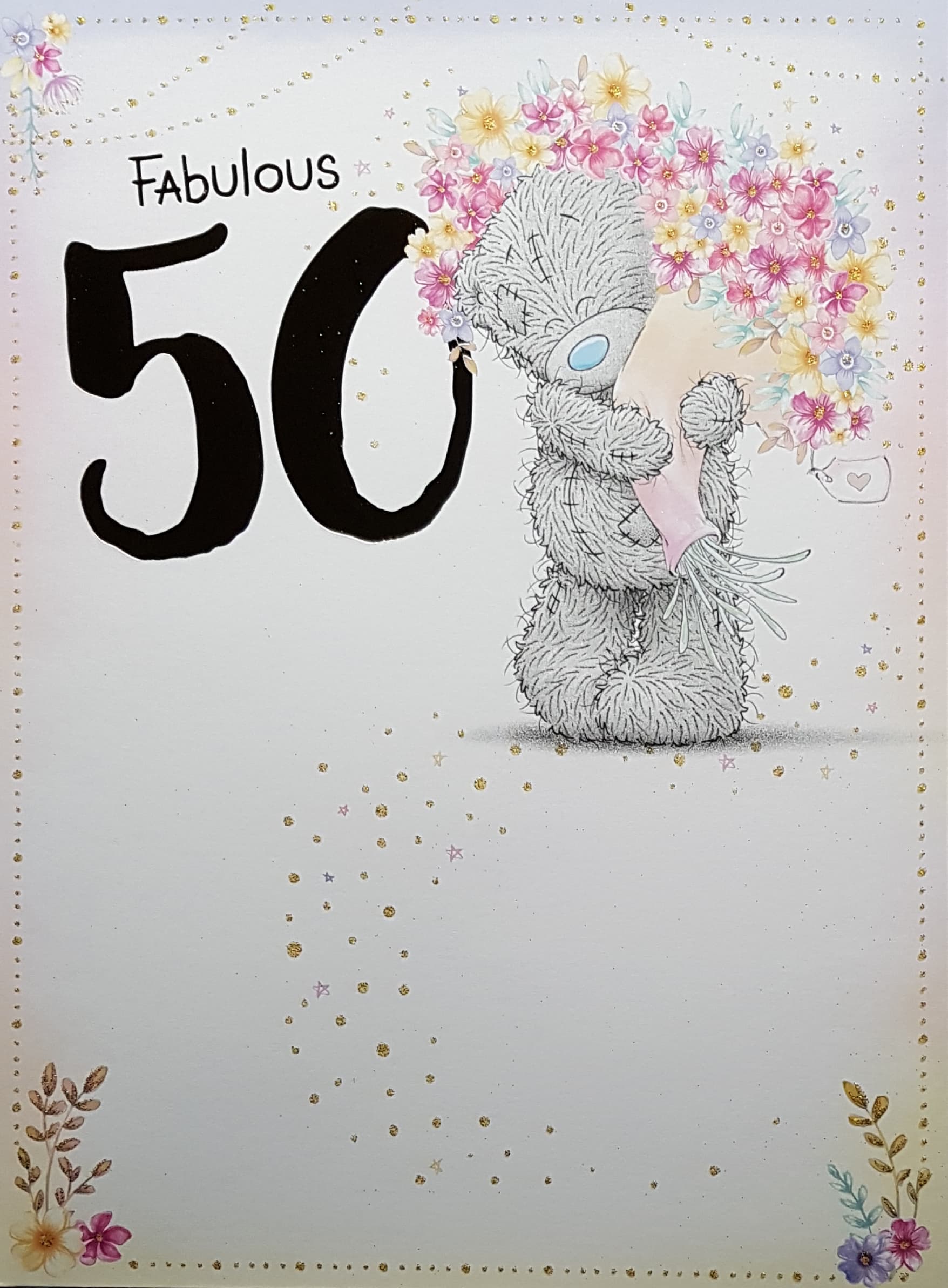 Age 50 Birthday Card - A Cute Teddy Holding A Big Bunch Of Flowers