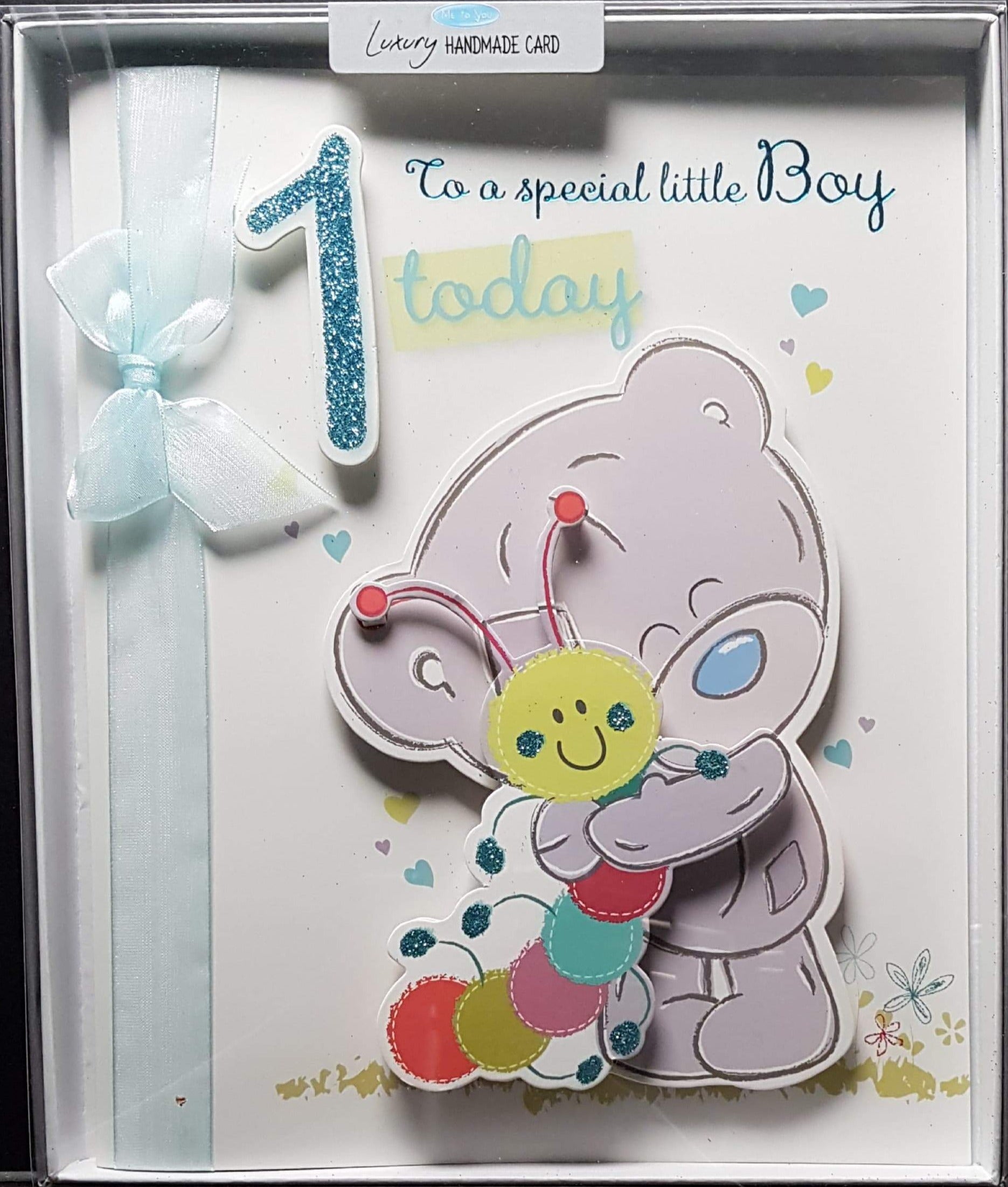 Age 1 Birthday Card - A Caterpillar & A Blue Ribbon (A Card In A Box)