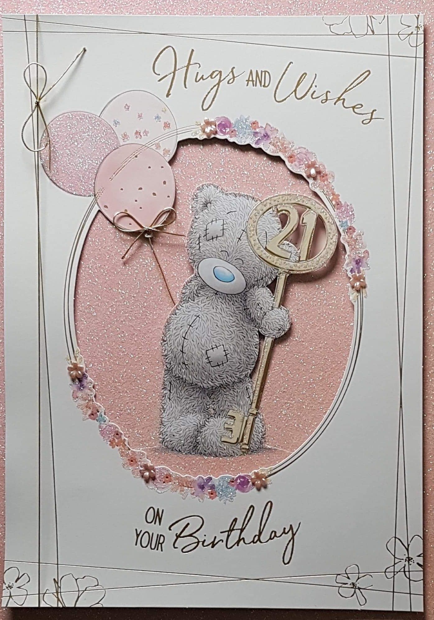 Age 21 Birthday Card - 'Hugs An Wishes...'& A Gold Key (A Card In A Box)