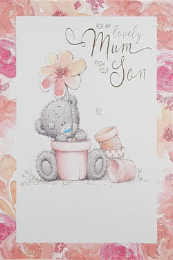 Mum From Your Son Mothers Day Card - Cute Teddy  Behind A Lovely Flower In A Pot