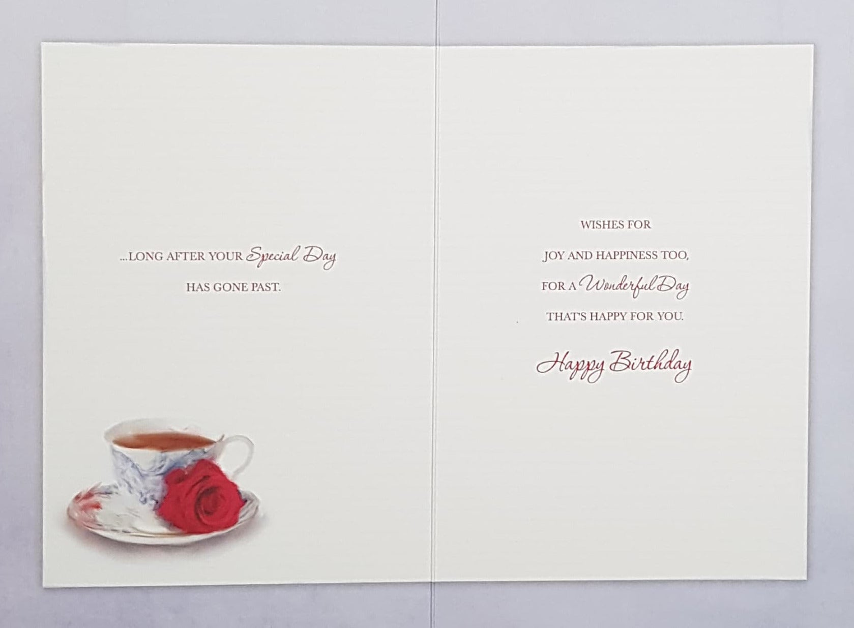 Birthday Card - A Teacup, A Cake & A Bouquet On A Table