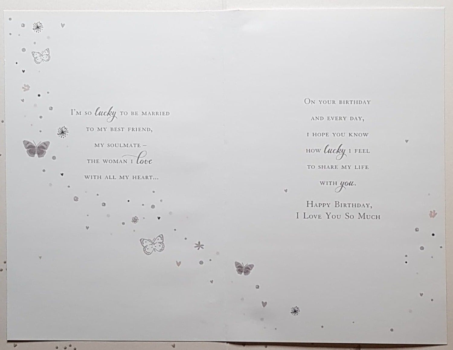 Birthday Card - Wife / Heart-Shaped Jewels Hanging From Strings & Butterflies