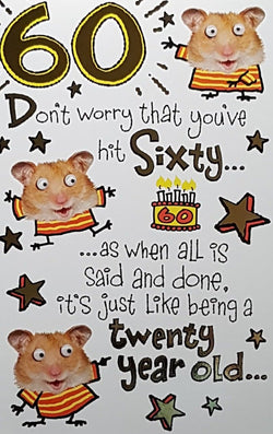 Age 60 Birthday Card - Three Mice Having Fun & A '60' Birthday Cake