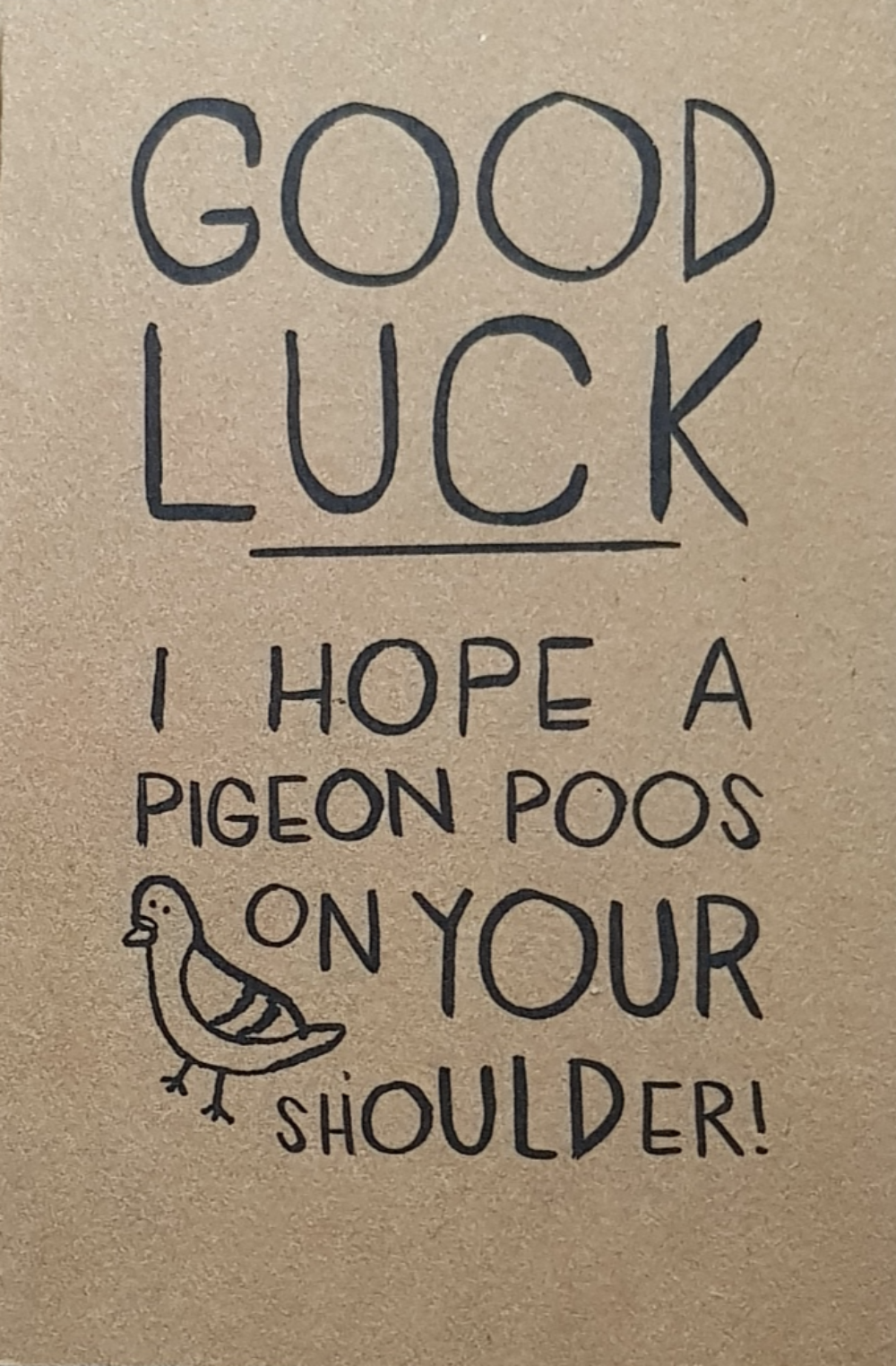 Good Luck Card - Humour / 'Pigeon On Your Shoulder' & A Brown Card
