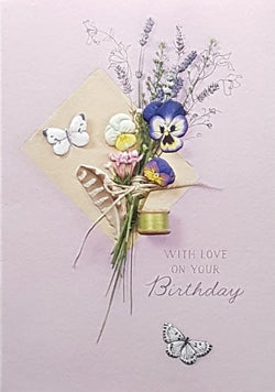 Birthday Card - White Butterfly With Purple Flowers On A Pink Background
