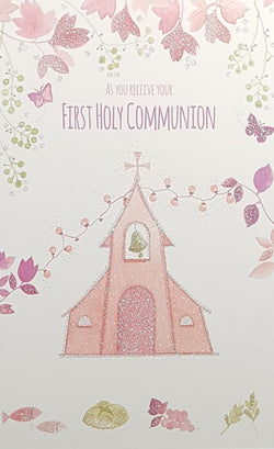 Communion Card - An Orange Church & Pink Butterflies ( Girl )