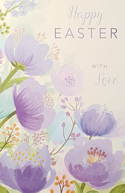 Easter Card - Traditional / Big Purple Flowers & 'With Love'