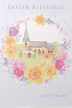 Easter Card - Easter Blessings / A Church Inside A Fabulous Floral Wreath