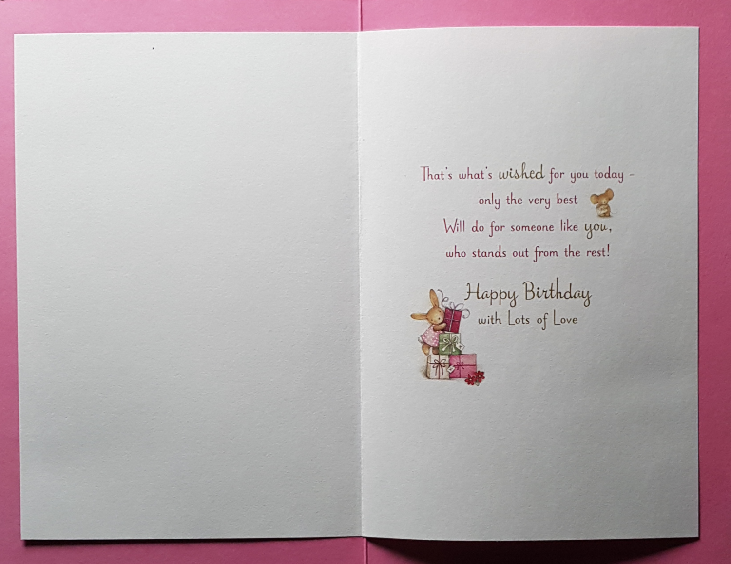 Birthday Card - General Female / A Bunny In Pink Dress & Four Gift Boxes
