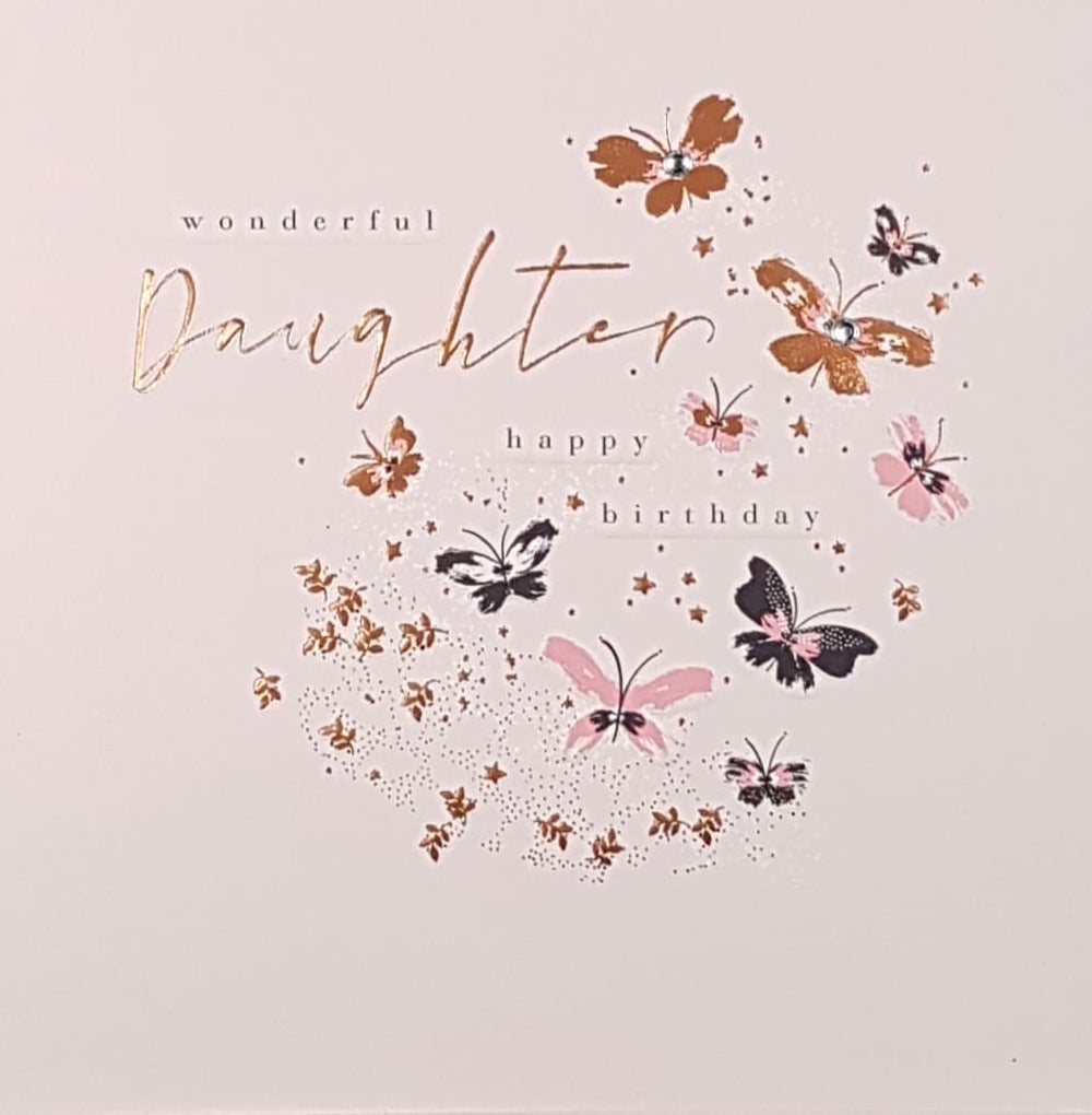 Birthday Card - Daughter / Gold & Pink Butterflies