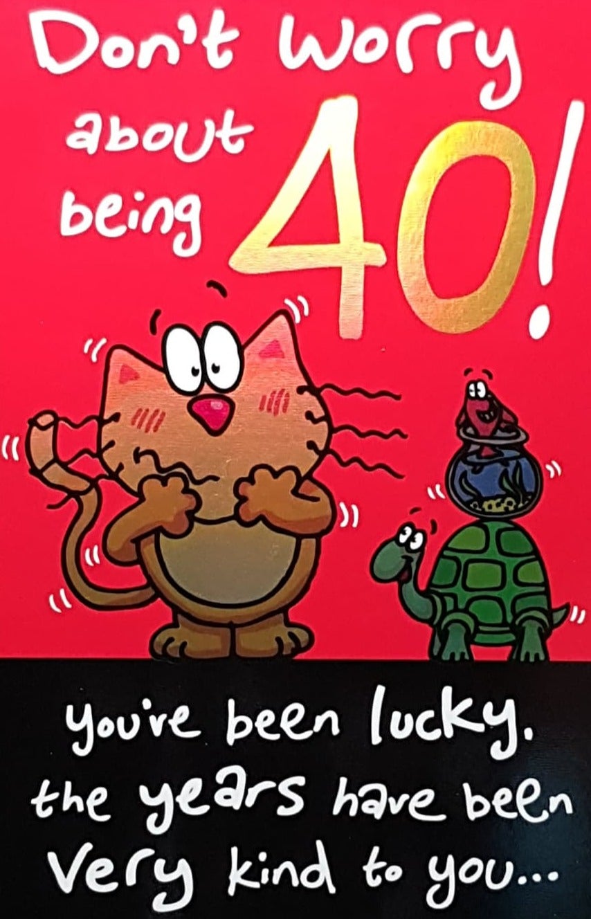 Age 40 Birthday Card - A Worried Cat & A Tortoise