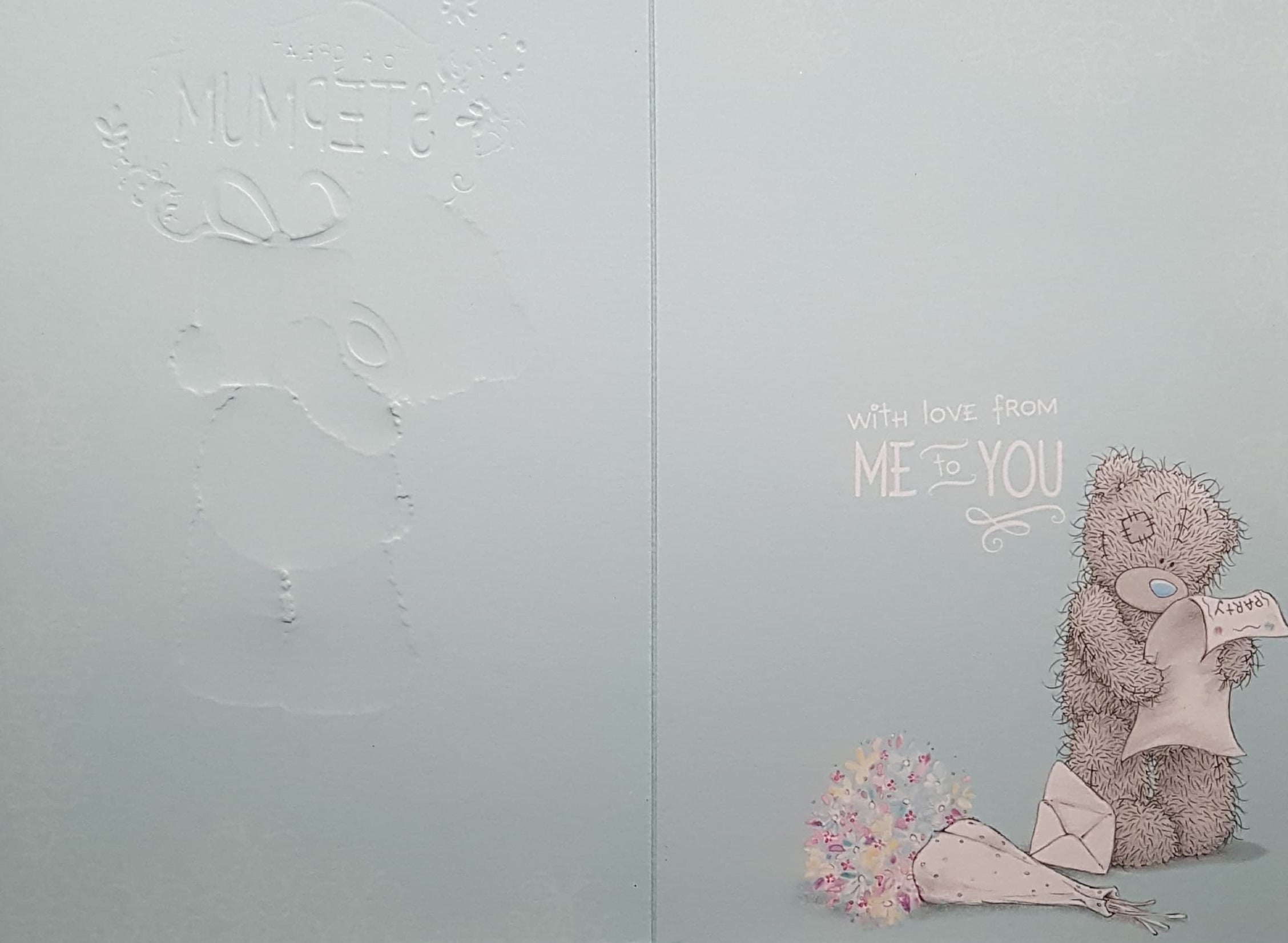 Birthday Card - Step Mum / Fuzzy Teddy Bear Holding A Pink & Blue Gift Box