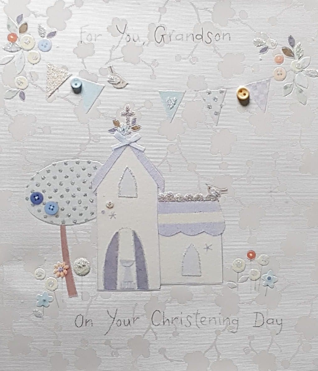 Christening Card - Grandson / A Blue Church & A White Flower Font