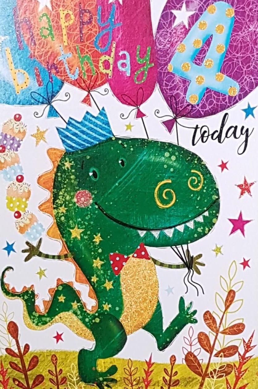 Age 4 Birthday Card - A Happy Green Dinosaur With A Blue Party Hat