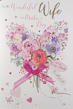 Wife Mothers Day Card - A Heart Shape Flower Bouquet With A Pink Ribbon