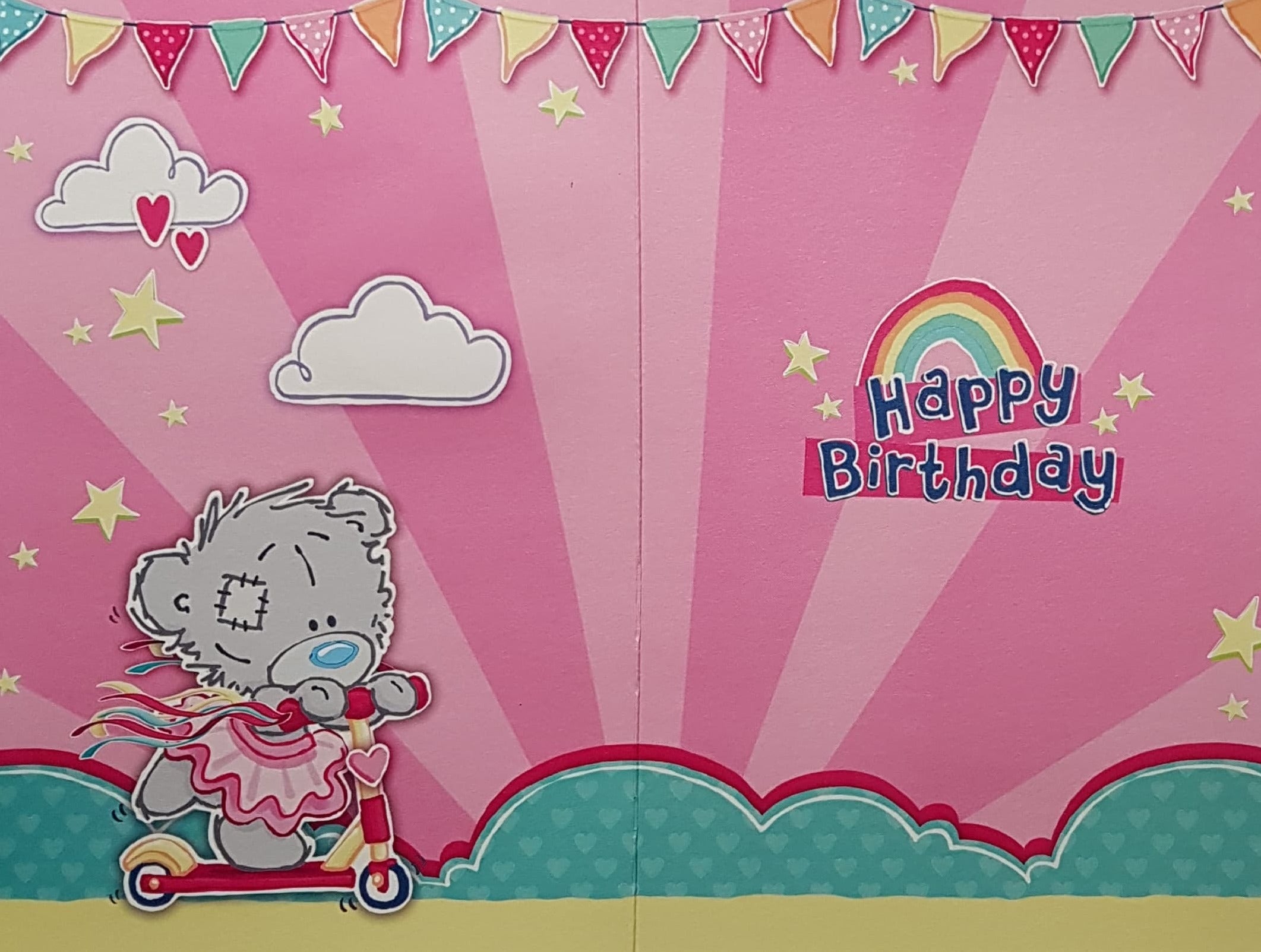 Age 5 Birthday Card - Cute Teddy In A Pink Dress Riding A Scooter