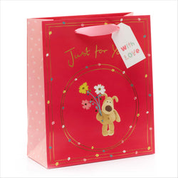 Gift Wrap - Gift Bag / Medium - Cute Dog Holding Flowers & Just For You