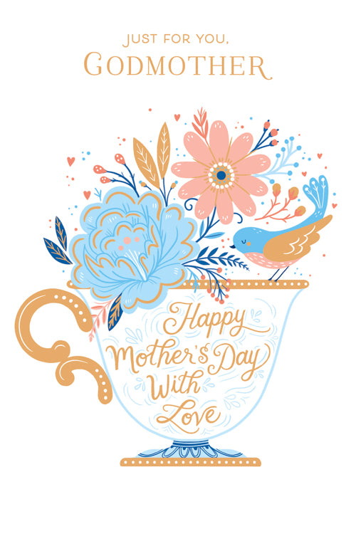 Godmother Mothers Day Card - A Bird With A Gold Wing Sitting On The Pot Of Tea Smelling The Flowers