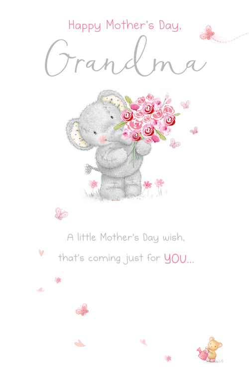 Grandma Mothers Day Card - Elephant Holding Bouquet / Coming Just For You