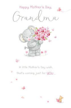 Grandma Mothers Day Card - Elephant Holding Bouquet / Coming Just For You