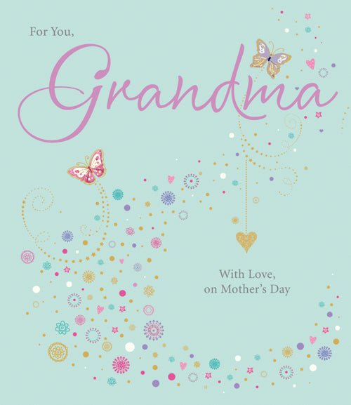 Grandma Mothers Day Card - Hearts, Butterflies & Flowers on Blue Background