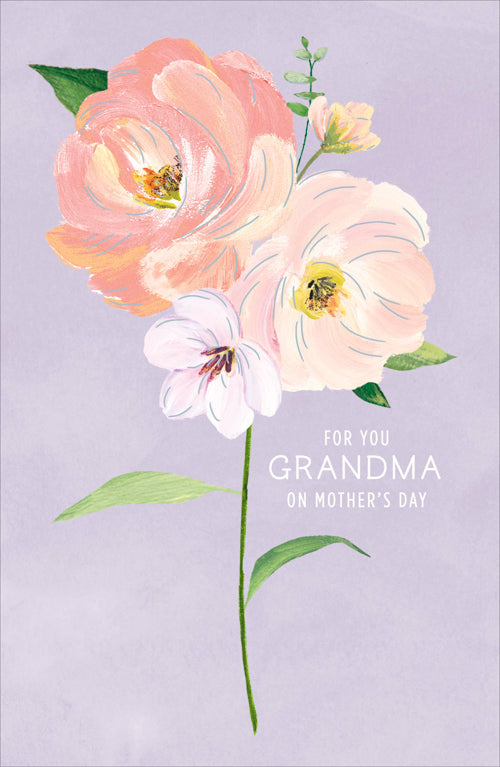Grandma Mothers Day Card - Four Pink Flowers Different Shades / Purple Background