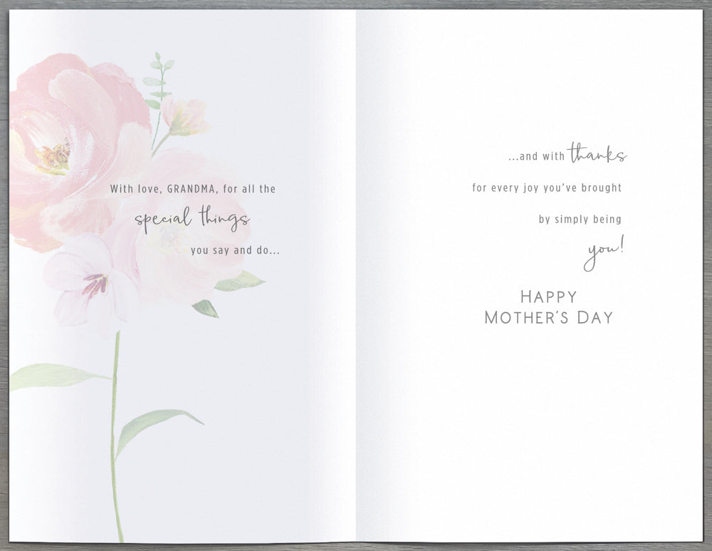 Grandma Mothers Day Card - Four Pink Flowers Different Shades / Purple Background