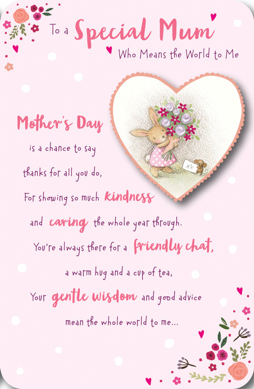 Mum Mothers Day Cards - Kindness Caring Friendly Chat & Bunny in a Heart