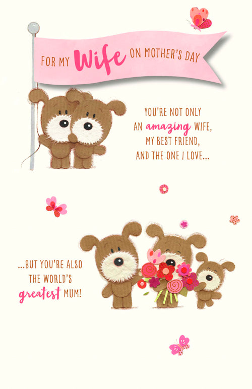 Wife Mothers Day Card - Amazing Greatest / Cute Little Dogs Holding Flag & Bouquet