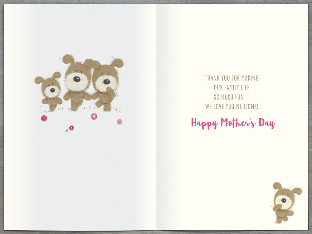 Wife Mothers Day Card - Amazing Greatest / Cute Little Dogs Holding Flag & Bouquet