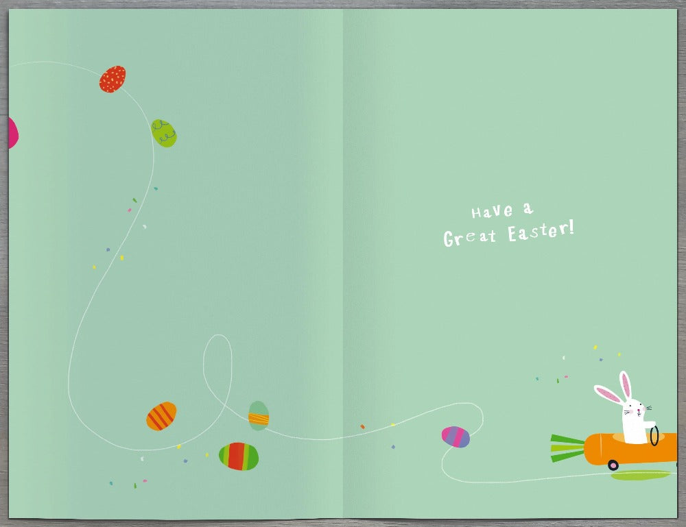 Easter Card - Nephew / A Bunny Rabbit Driving A Carrot Car