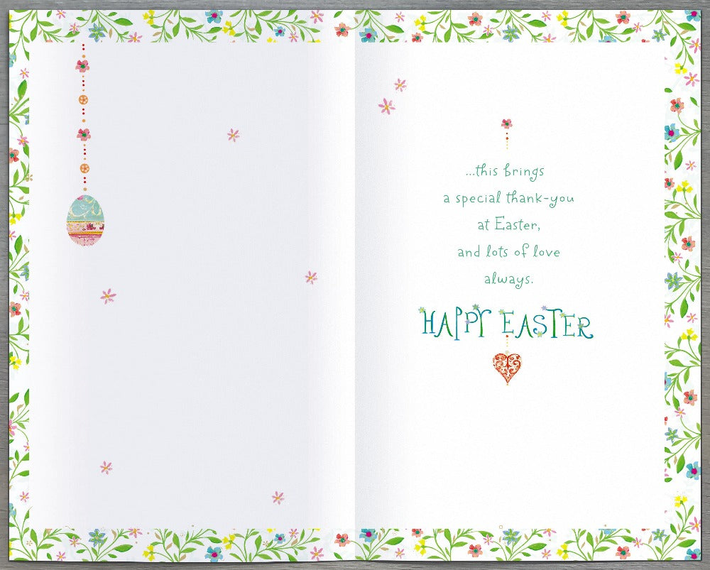 Easter Card - Mum & Dad / Easter Egg With Pink Flowers Hanging From A String