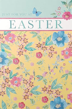 Easter Card - Just For You / Pink And Blue Floral Design On A Yellow Background