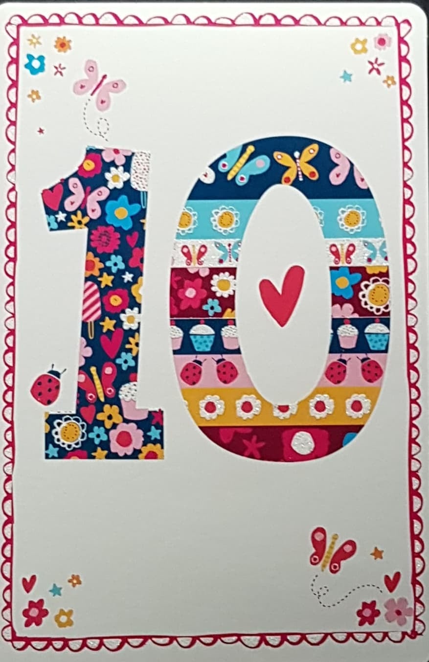 Age 10 Birthday Card - Flowers & Butterflies Inside Number 10