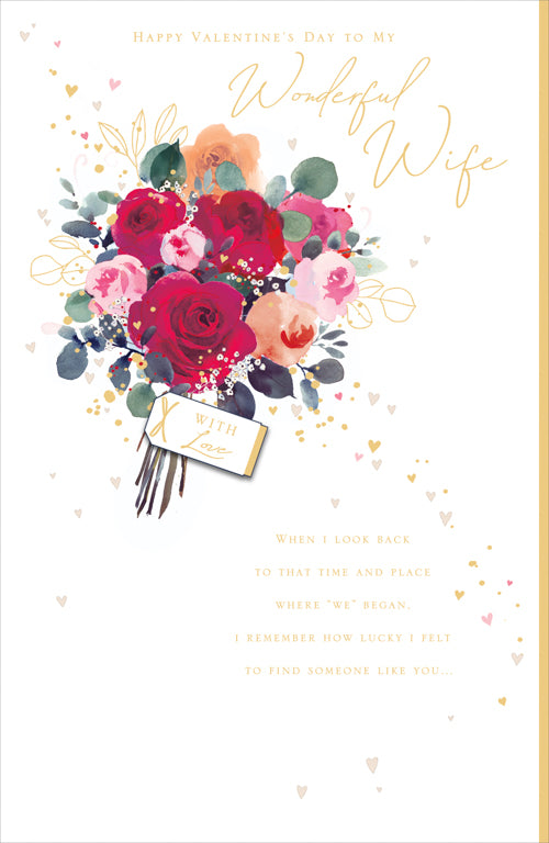Wife Valentines Day Card - Bouquet Of Flowers Golden Leaves