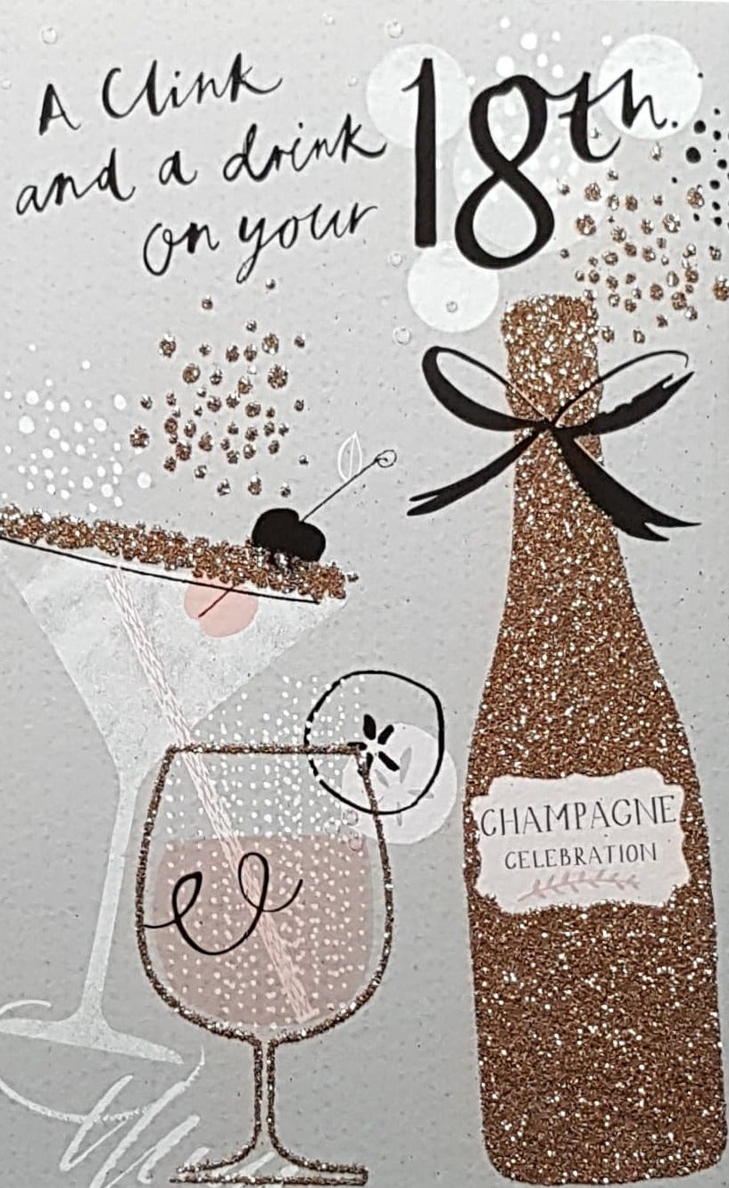 Age 18 Birthday Card - A Gold Sparkly Champagne Bottle