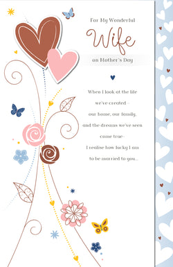 Wife Mothers Day Card - Heart & Flowers & Butterflies