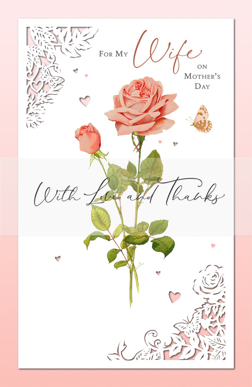 Wife Mothers Day Card - With Love And Thanks & Two Pink Roses