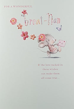 Great-Nan Mothers Day Card - Little Mouse Holding Pink Flowers & Letter