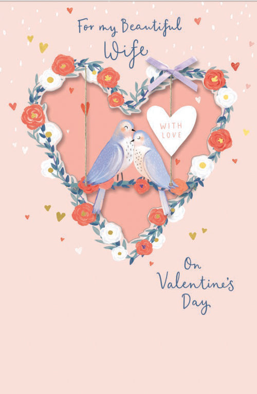 Wife Valentines Day Card - Couple Birds White Flower