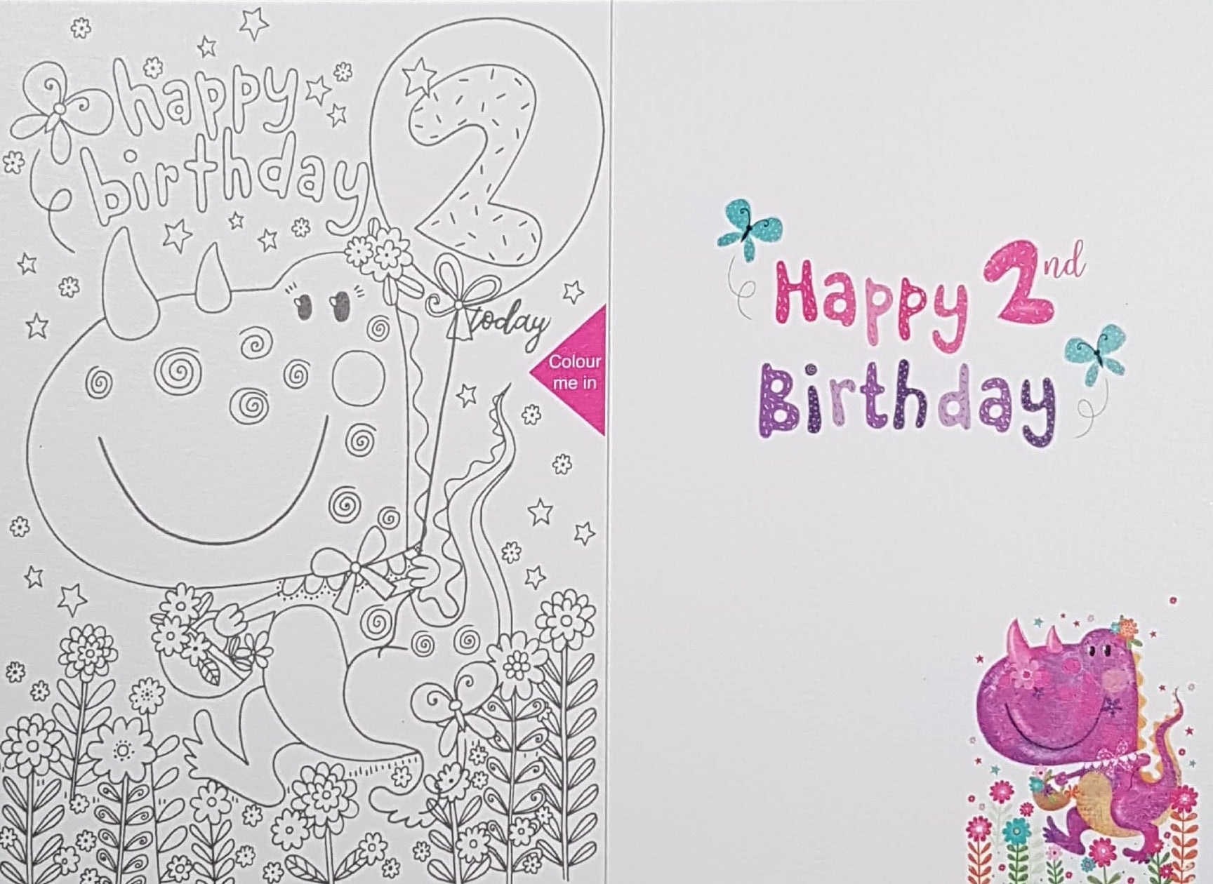 Age 2 Birthday Card - A Happy Pink Dinosaur Walking Through Flowers