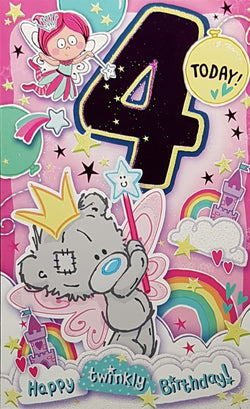 Age 4 Birthday Card - Cute Teddy Fairy & Rainbows & A Castle