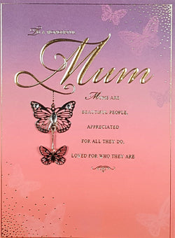 Mum Mothers Day Card - Shiny Gold Font & Shiny Butterflies Dangling