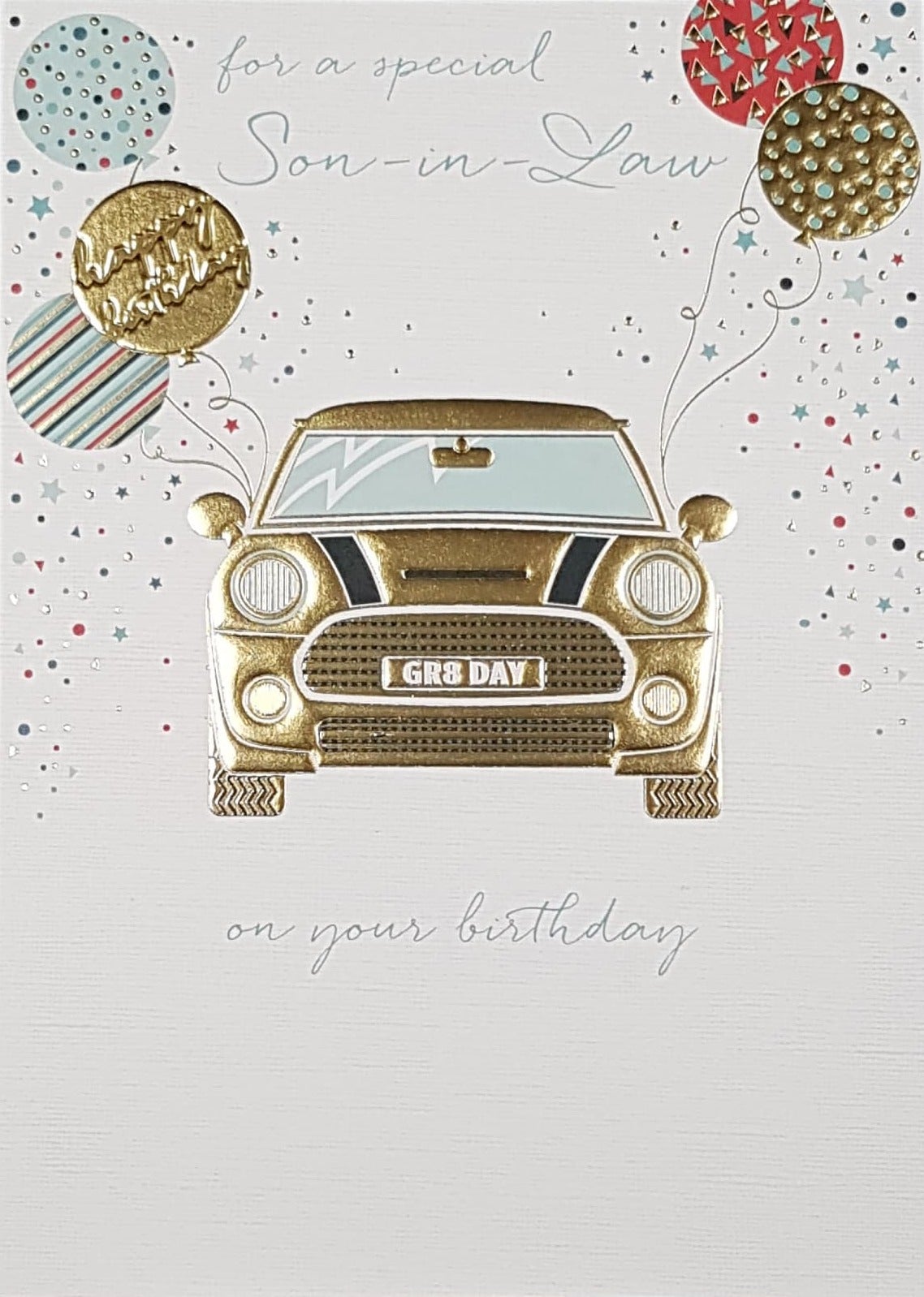 Birthday Card - Son In Law / A Gold Car & Five Balloons
