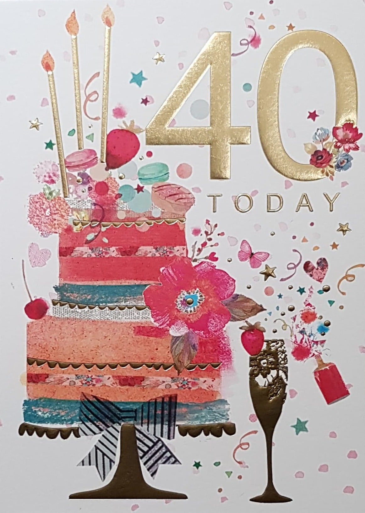 Age 40 Birthday Card - A Big Red Cake With A Red Flower & A Gold Font