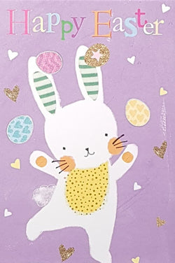 Easter Card - Just For You / A Happy White Bunny & Yellow Hearts