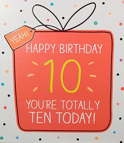 Birthday Card - Age 10 / Red Outline Of A Gift Box & Bot