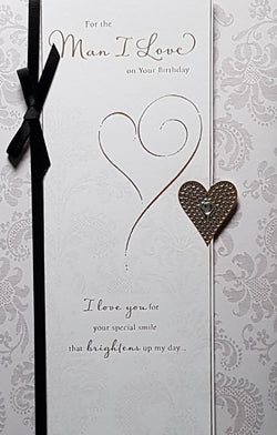 Birthday Card - Man I Love / Elegant Gold Shiny Heart & A Black Ribbon