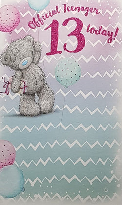 Age 13 Birthday Card - 'Official Teenager' Teddy With Pink & Blue Balloons