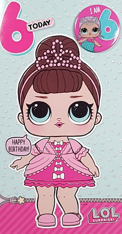 Age 6 Birthday Card - A Little Girl In A Pink Dress & Tiara (With Badge)